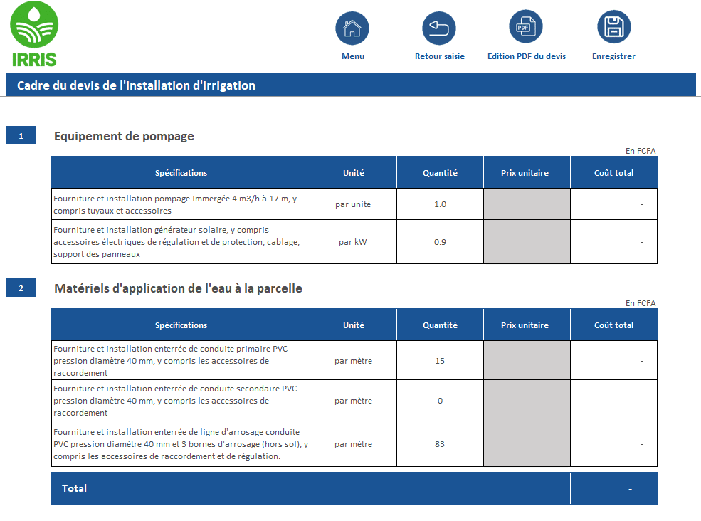 Screenshot Cadre de devis IRRIS