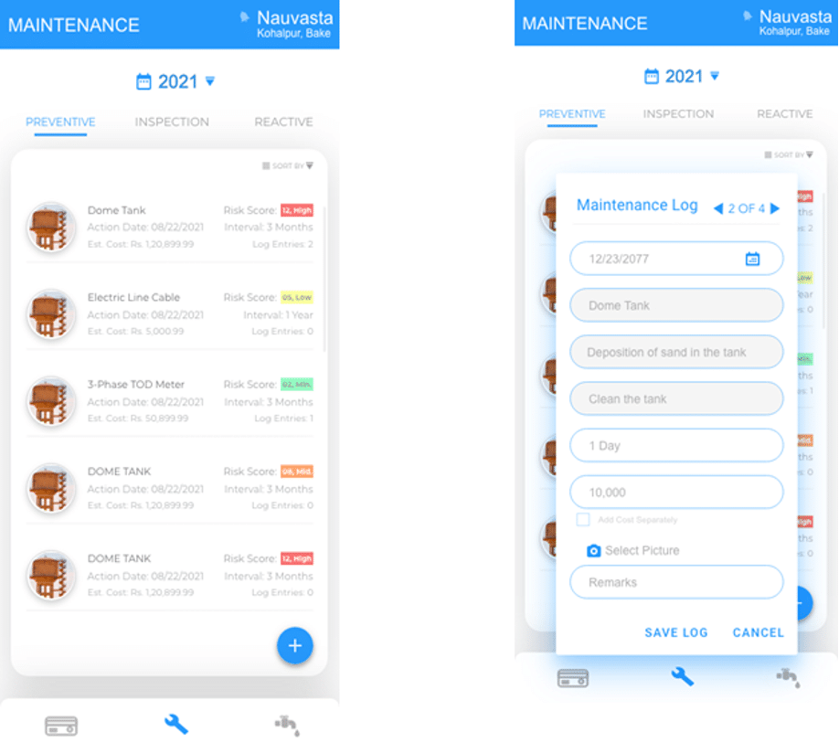 Screenshot of the mobile app displaying a maintenance plan and log from the Nauvasta water scheme in Kohalpur, Nepal